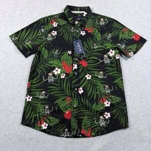 VSTR Mens Short Sleeve Button Up Shirt Black Tropical Holiday Skeleton Santa M